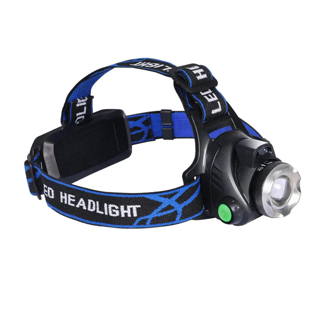 LED Outdoor Headlamp with adjustable headband and USB charging cable, designed for camping and outdoor activities.